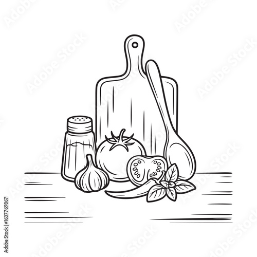 Kitchen Counter with Cutting Board Spices and Vegetables