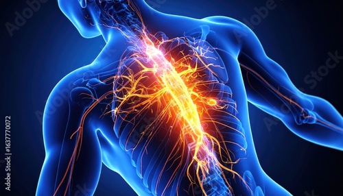 Human spine anatomy highlighted with glowing nerves, and 3D render.