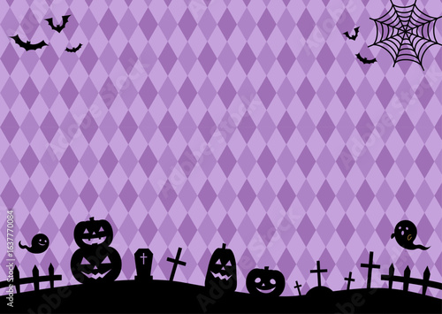 かぼちゃや墓や蝙蝠のシルエットのかわいいハロウィン背景イラスト（紫色）