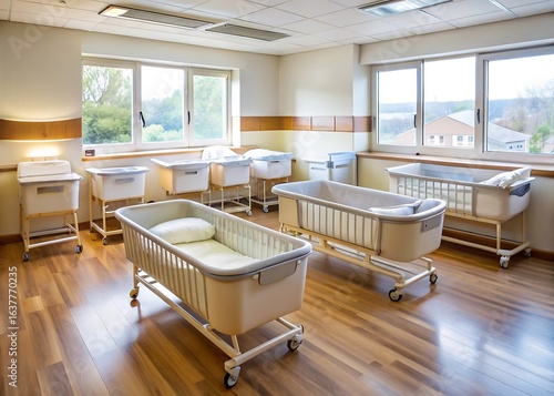 Bright hospital nursery room filled with empty infant cribs ready for newborns