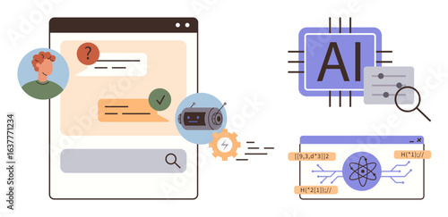 AI chat interface with messages, user avatar, and processing components thumbs up circuits and algorithms. Ideal for AI development, chatbot integration, machine learning, automation, innovation