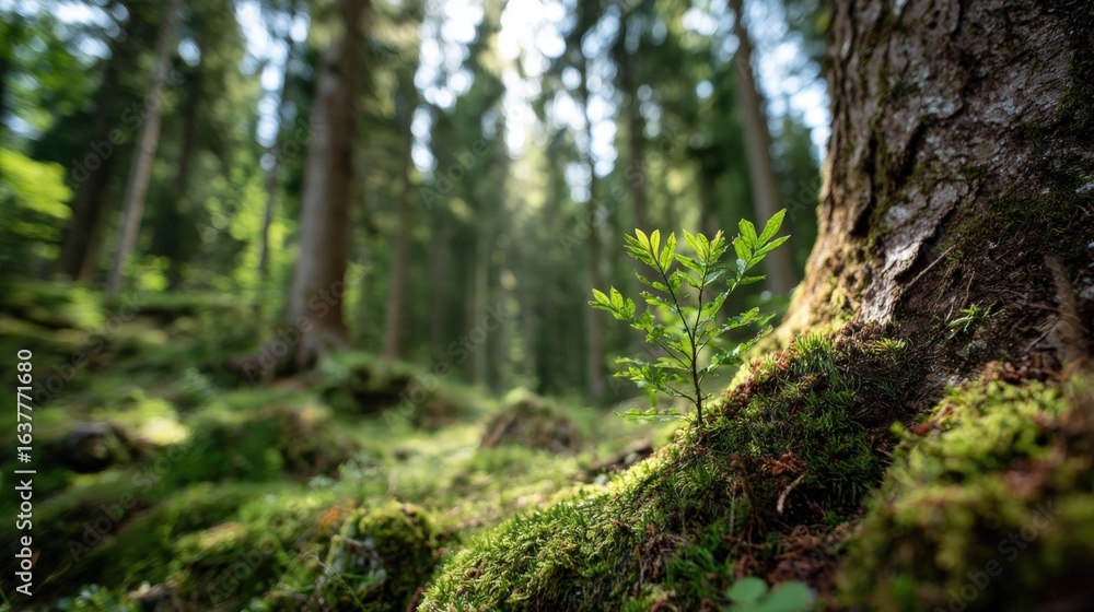 Naklejka premium Sapling Growing at Base of Tree Trunk in Forest, Illuminated by Sunlight, Symbolizing Growth