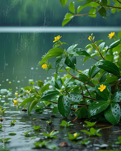 rain on yellow floating heart, water plants, pond flowers, aquatic plants, rainy day, nature beauty, wet petals, fresh rain, blooming water flowers, floating leaves, water surface, serene scene, peace