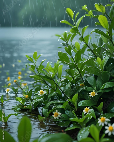 rain on yellow floating heart, water plants, pond flowers, aquatic plants, rainy day, nature beauty, wet petals, fresh rain, blooming water flowers, floating leaves, water surface, serene scene, peace