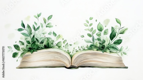 A watercolor painting of an open book with greenery growing out