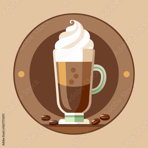 Top-Down Flat Vector of Irish Coffee Glass Surrounded by Coffee Beans on White Background