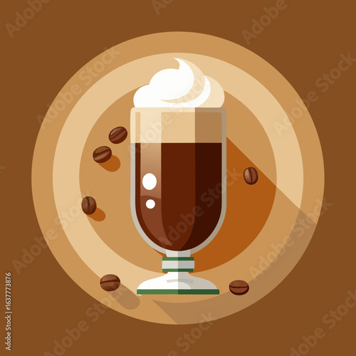 Top-Down Flat Vector of Irish Coffee Glass Surrounded by Coffee Beans on White Background