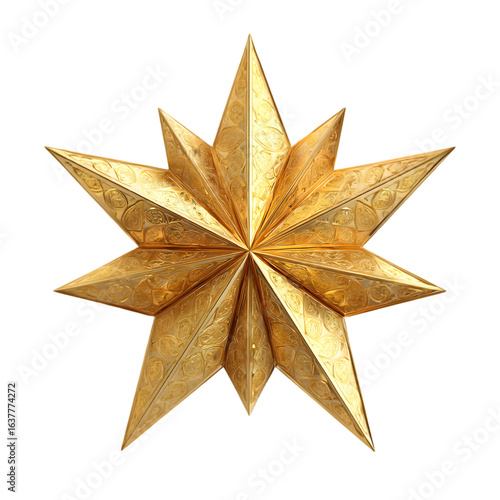 Golden eight pointed starburst emblem with textured metallic surface isolated on transparent background