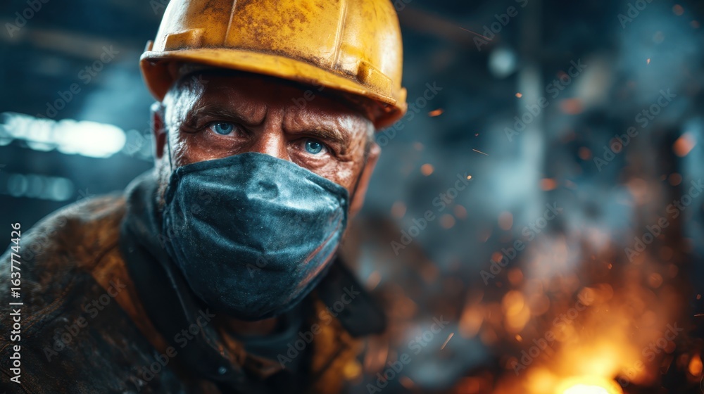 Fototapeta premium An intense portrait of a hardworking man wearing a helmet and mask, capturing the dedication and resilience of laborers in demanding environments like construction sites.