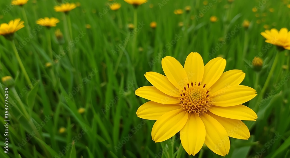 Obraz premium This stock photo features a sunny yellow flower in a lush green field, with a close-up view in vivid detail