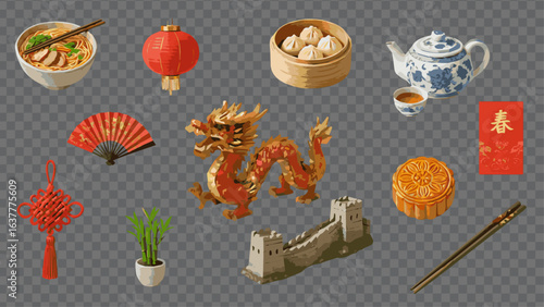 Set of 12 Realistic Chinese Culture Elements Vector Illustration – Dragon, Great Wall, Noodles, Dumplings, Teapot, Lantern, Mooncake, Red Envelope, Fan, Bamboo, Chopsticks, Chinese Knot Isolated on Tr