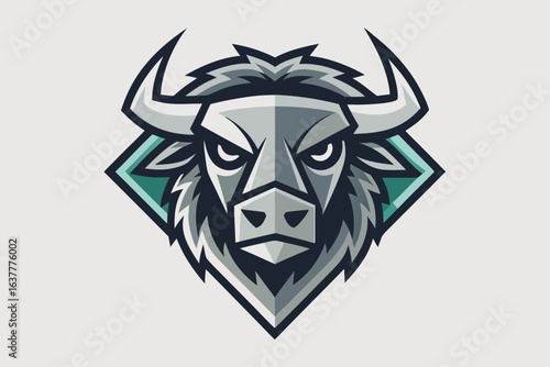 A geometrically stylized bull mascot with formidable horns gazes intensely forward against teal diamond