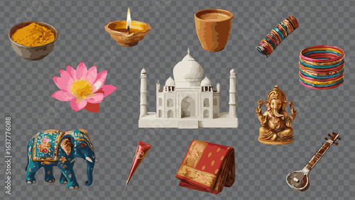 Indian Culture Essentials Vector Set – Taj Mahal, Ganesh Statue, Elephant, Lotus, Chai, Bangles, Henna Cone, Turmeric, and Traditional Items