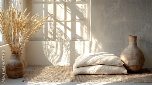 A serene and inviting minimalist sleeping space with folded neutral toned bedding natural pottery vases and warm natural light filtering through the window