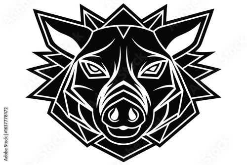 Boar portrait shows a black and white cubist style animal depiction
