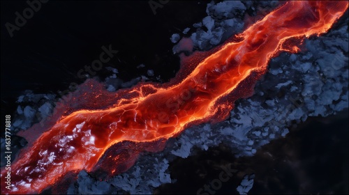 Aerial Drone View of Lava River Meeting Black Rock and Steam Clouds