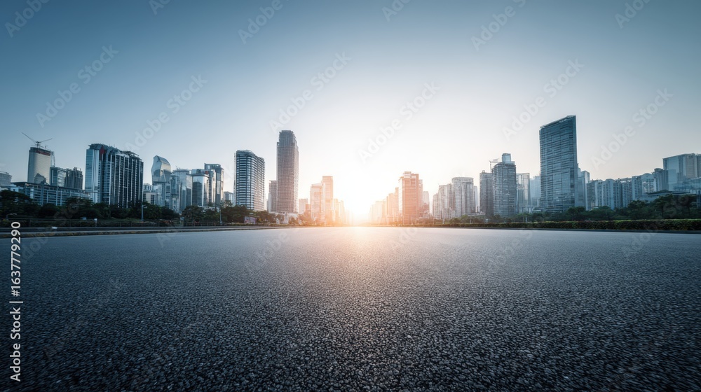 Naklejka premium Urban Landscape at Sunset: Modern Cityscape with Empty Asphalt Road and High-Rise Buildings