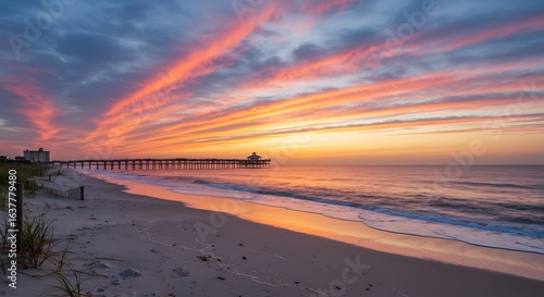 Scenic view of a beautiful early morning sky at myrtle beach, sc with the apache pier in the background