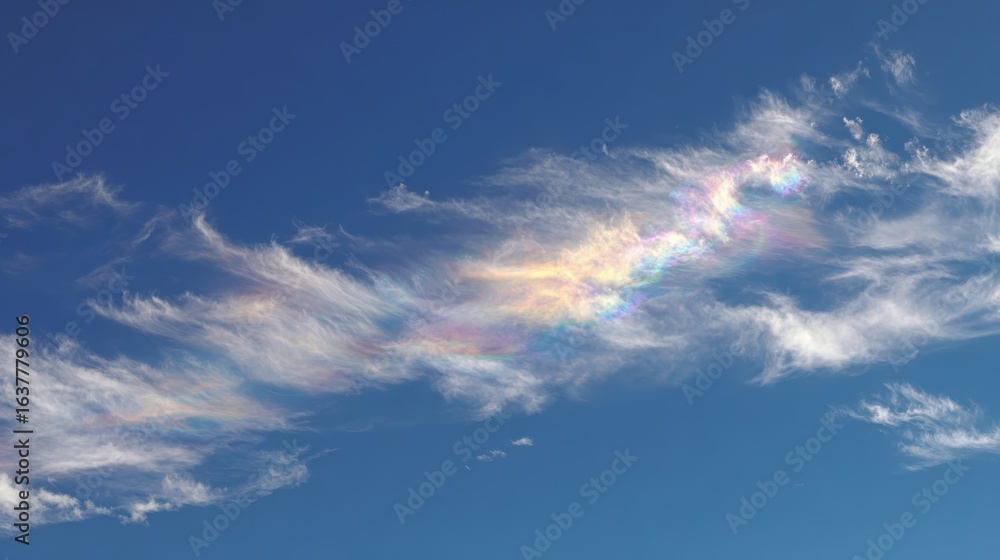 Naklejka premium Iridescent Cloud Displaying Rainbow Colors Against Blue Sky Backdrop - Atmospheric Optical Phenomenon Meteorology