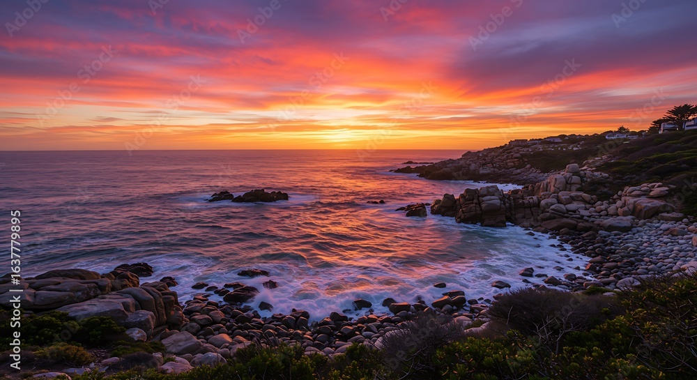 A beautiful sunset over a rocky coast, with waves crashing against the shore. Hermanus, Western Cape. A beautiful sunset over a rocky coast, with waves crashing against the shore. Hermanus, Western Cape.