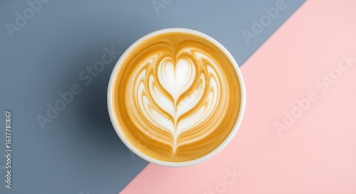 Latte Art Cup with Heart Design on Pink and Gray Geometric Background