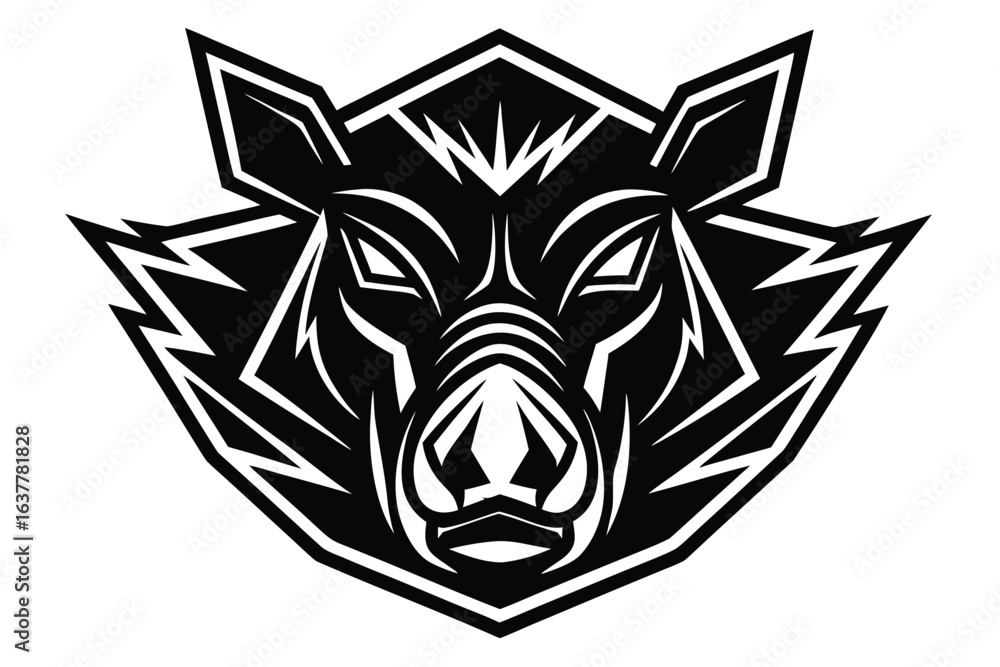 Fototapeta premium Fierce wild boar emblem features its head against a stylized geometric shield outline