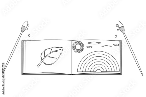 Coloring page with outline drawing of open coloring book with autumn leaf, sun, clouds and rainbow. Art supplies and paintbrushes. For entertaining kids activity, back to school black and white design