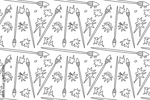 Coloring page of seamless pattern with paintbrushes and paint splashes different shapes. For entertaining kids, back to school or education black and white printable design, and DIY craft activity.