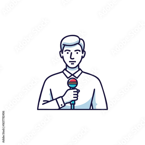 Line art illustration of a man holding a microphone presenting or speaking on stage with confidence and poise on a white background