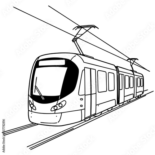 Modern electric tram on railway tracks. Public transport light rail vehicle line art illustration. Vector graphic of urban transportation.
