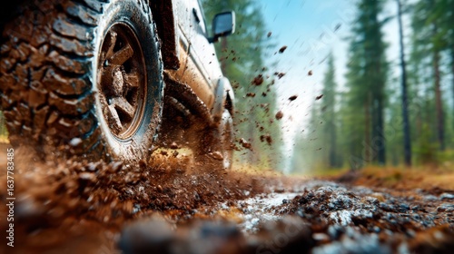 A dynamic image of a rugged SUV kicking up mud as it traverses a forested path, capturing the spirit of adventure and the thrill of off-road exploration.