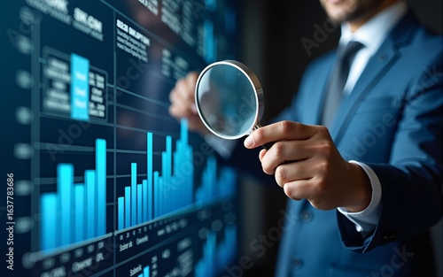 Businessman performing financial audit with magnifying glass on digital dashboard using virtual interface, showcasing data analysis, compliance, and corporate risk management. High quality