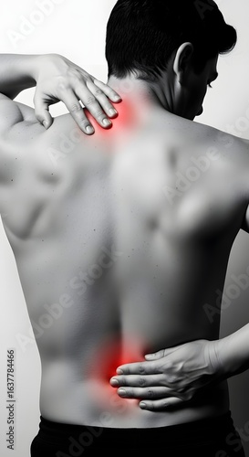 Man with Back Pain Massaging Neck and Lower Back in Studio