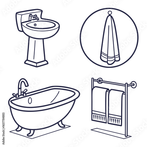 Bathroom fixtures including a bathtub, sink, and towels isolated on white background