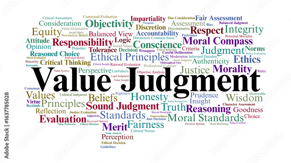 Obraz premium Value Judgment Word Cloud. Keywords About Ethics, Morality, Integrity, And Fairness