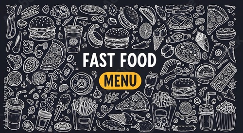 fast food illustration with burgers pizza fries ice cream and drinks in cartoon doodle style on dark background with bold cheerful title and vibrant design perfect for creative food projects