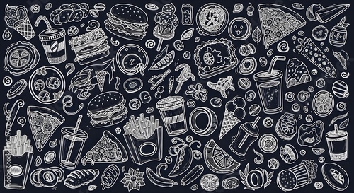 fast food illustration with burgers pizza fries ice cream and drinks in cartoon doodle style on dark background with bold cheerful title and vibrant design perfect for creative food projects