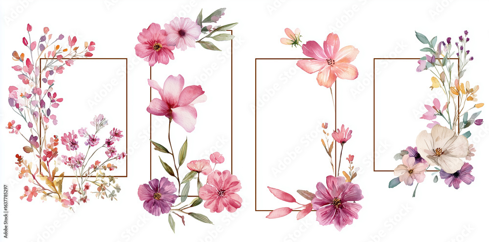 Obraz premium Watercolor floral arrangements with frame edges on white create elegant, minimal branding templates, perfect for wedding invitations, posters, and social media.