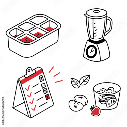 Illustration of smoothie preparation with ingredients isolated on white background