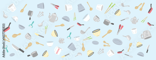 手書きのカラフルなキッチン用品と調理器具のパターン背景イラスト
