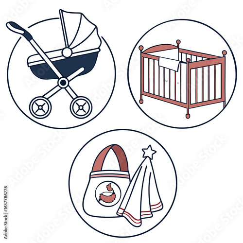 Baby essentials illustration featuring a stroller, crib, bag, and blanket