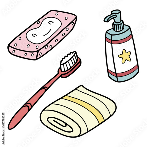 Bathroom essentials soap, toothbrush, towel, and lotion isolated on white background