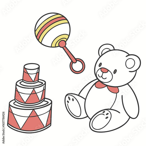 Illustration of a teddy bear, rattle, and stacking toy isolated on white background