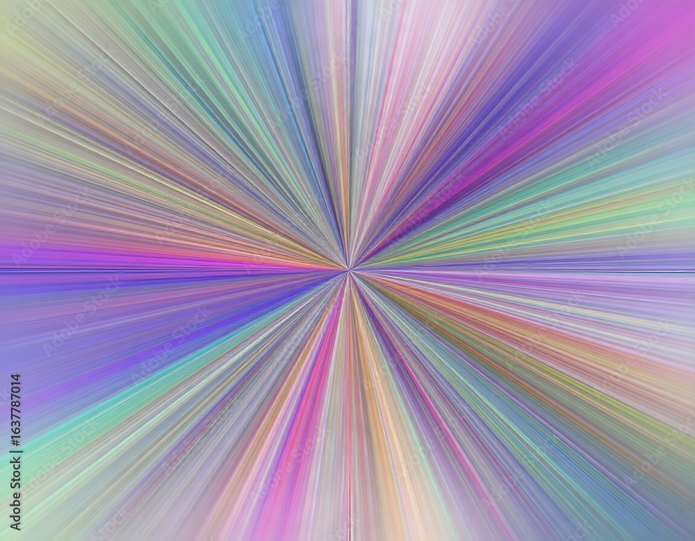 Obraz premium A vibrant and colorful starburst with a multitude of multicolored rays in shades of purple, pink, blue, and green radiating from a central point.