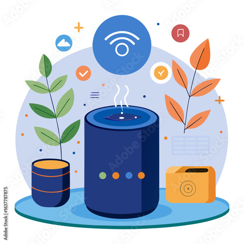Illustration of a smart speaker with leaves isolated on white background