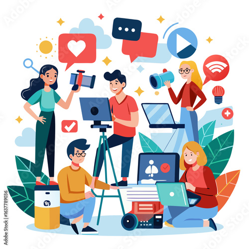 Team of content creators working together on social media isolated on white background