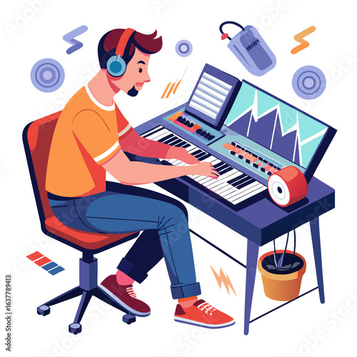 Man playing synthesizer in studio isolated on white background