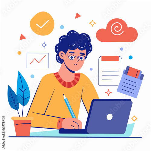 Man working on laptop isolated on white background, surrounded by icons