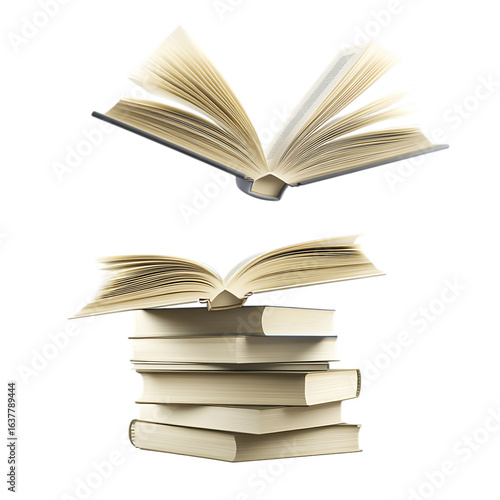 Two open books one floating above a stack of closed books