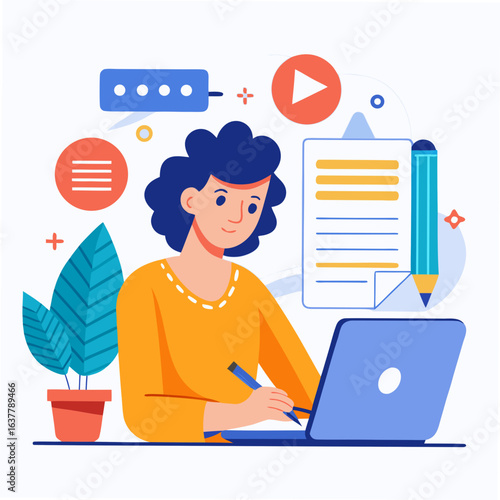 Woman working on laptop creating digital content isolated on white background